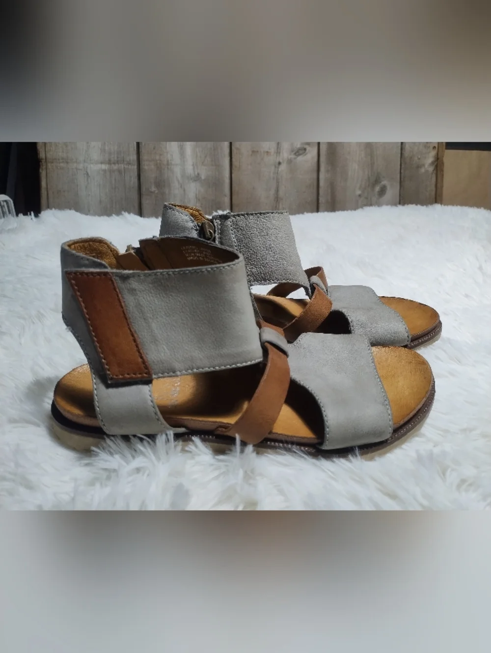 Miz Mooz Gray and Brown Leather Strappy Sandals